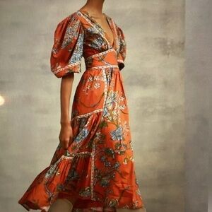 Love The Label orange floral puff sleeve dress sz xs